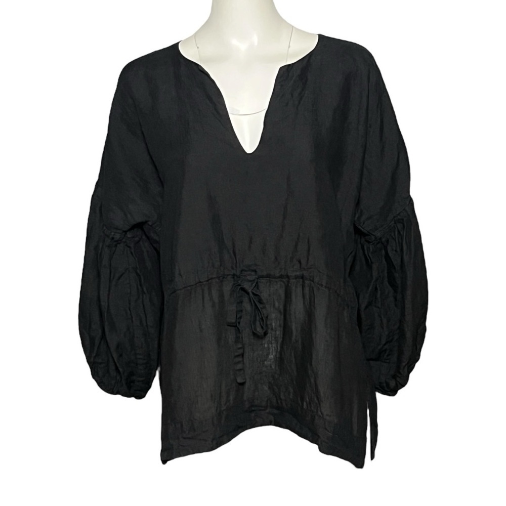 NARY Lounge Top Resortwear Linen Black Tunic Boxy Long Sleeve Lagenlook Size L